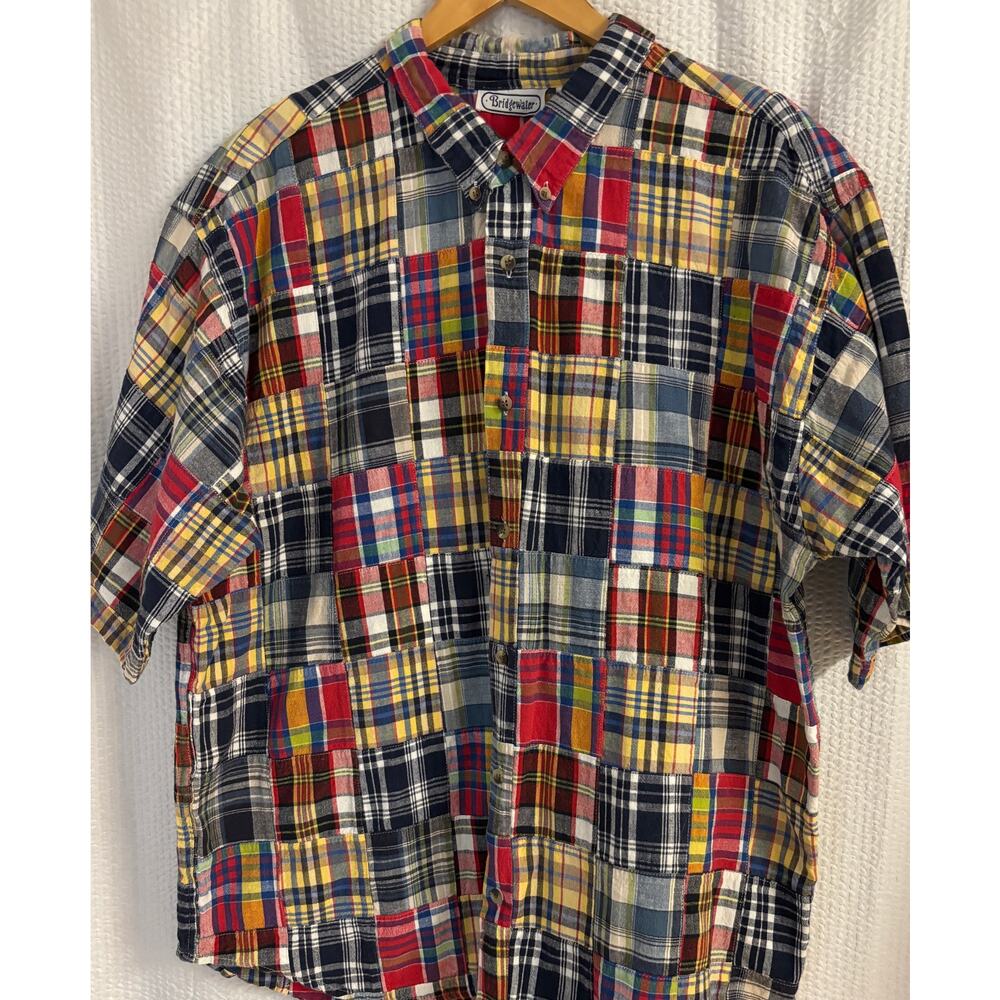 Vintage Bridgewater Madras Patchwork Shirt Mens XL Plaid Short Sleeve Preppy